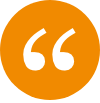 White quotation mark in an orange circle.